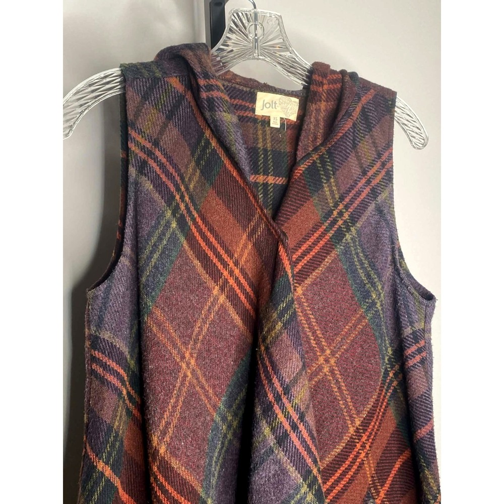 Women's JOLT wool blend Cardigan Vest Size XS tartan plaid fringe dark academia - Picture 2 of 6